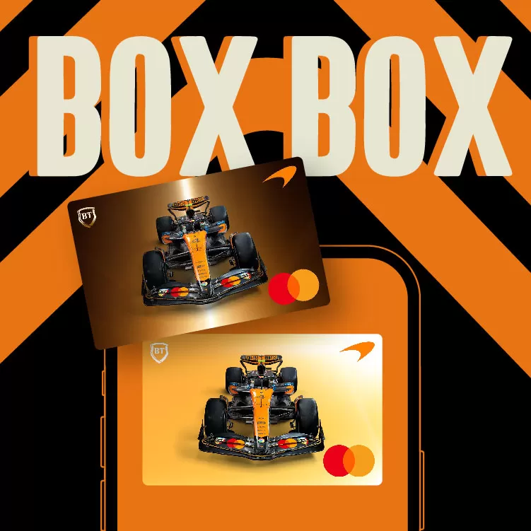 Hero image card debit virtual lei sau euro BT x McLaren x Mastercard BT Pay Mobile