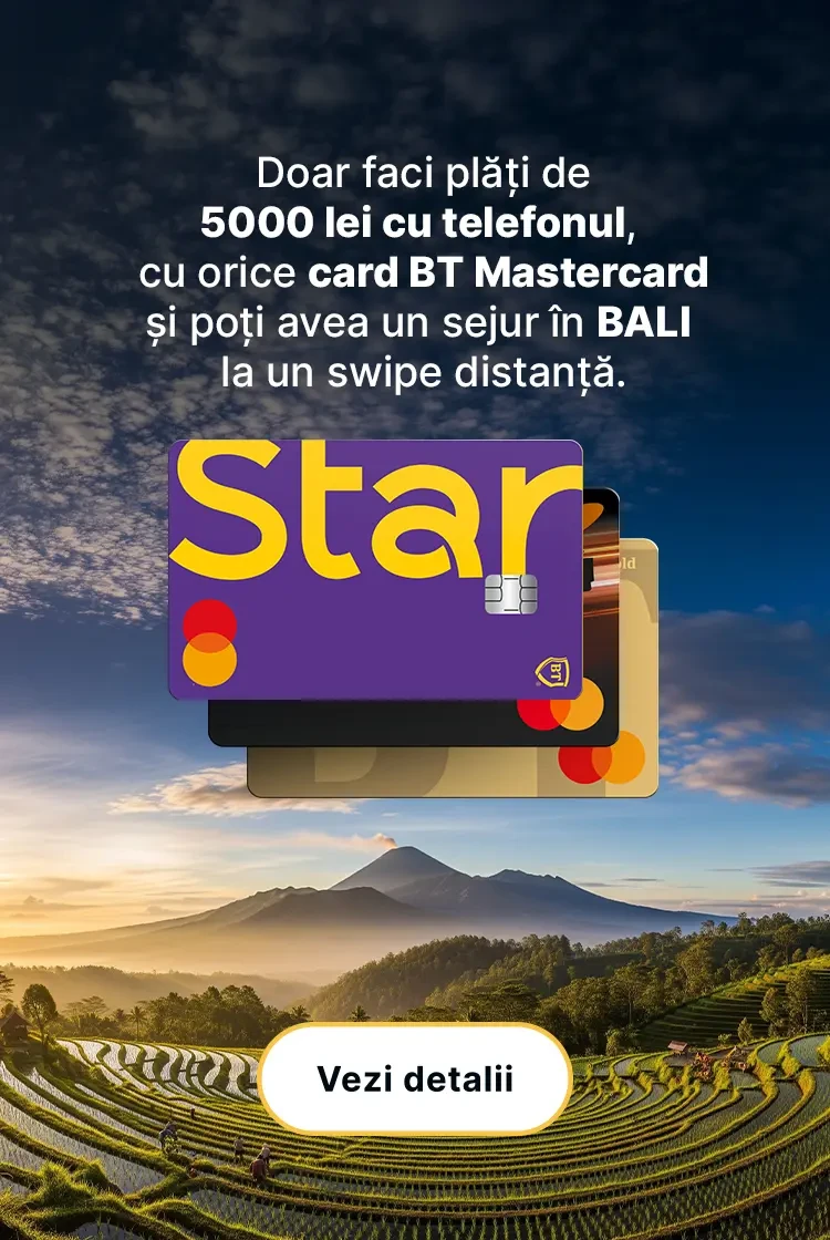Faci plati 5000 lei orice card BT Mastercard poti avea sejur Bali swipe distanta