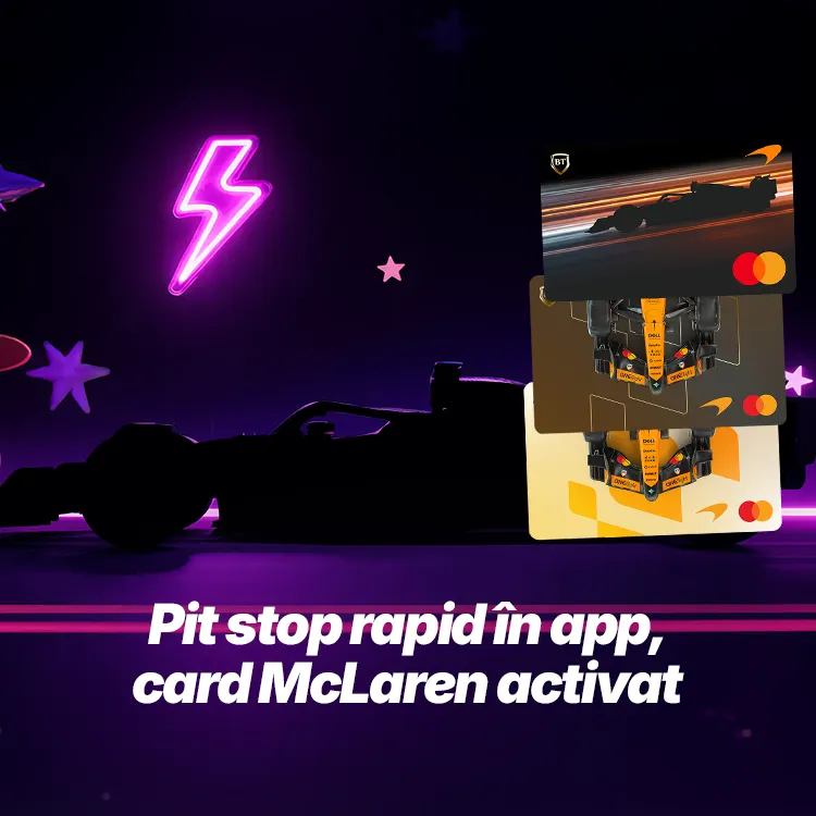 Hero image emitere card debit virtual lei sau euro BT x McLaren x Mastercard BT Pay Mobile